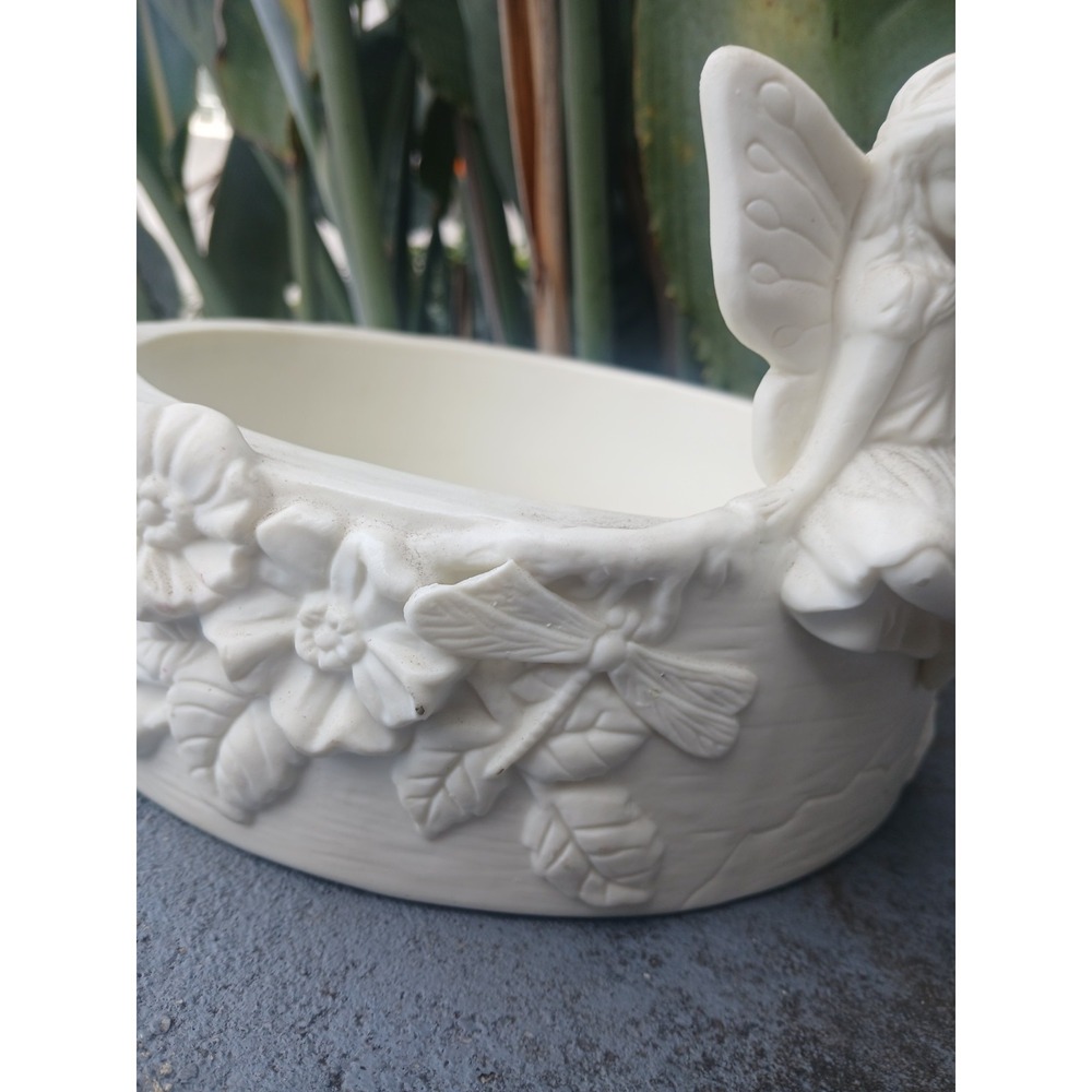Vintage White Fairy Garden Bowl Floral Dragonfly Resin Planter Trinket Dish - Picture 7 of 10